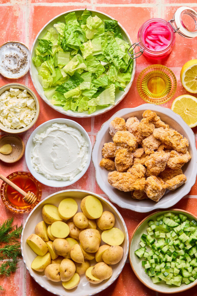 Ingredients for Crispy Chicken Bowls with Whipped Feta.
