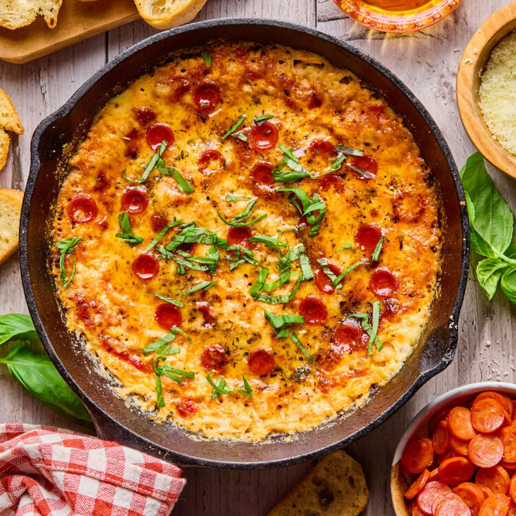 Hot Honey Pizza Dip in a round dish.