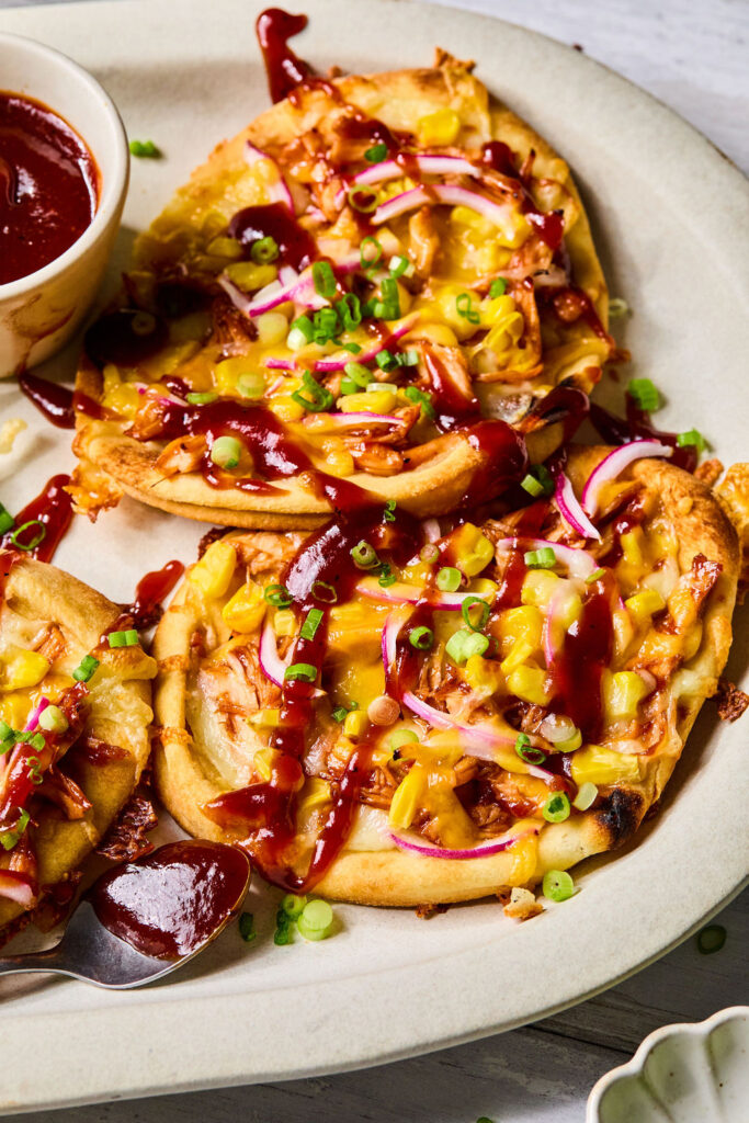 Zoomed in view of Sheet Pan BBQ Chicken Flatbread.
