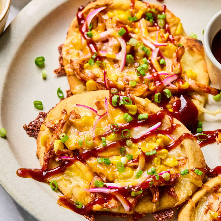 Sheet Pan BBQ Chicken Flatbread on a plate.