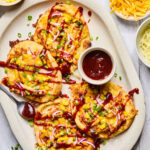 Sheet Pan BBQ Chicken Flatbread on a tray.