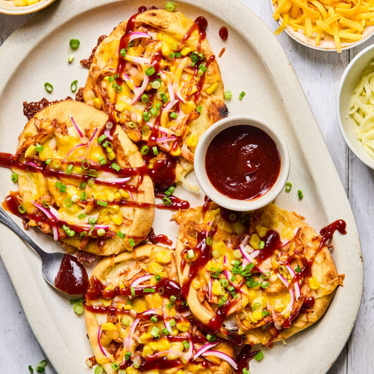 Sheet Pan BBQ Chicken Flatbread on a tray.