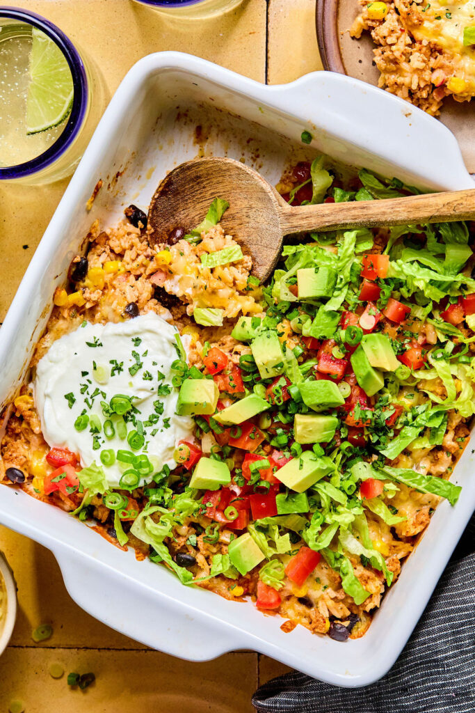 Cheesy Turkey Taco Rice Bake in a baking dish.