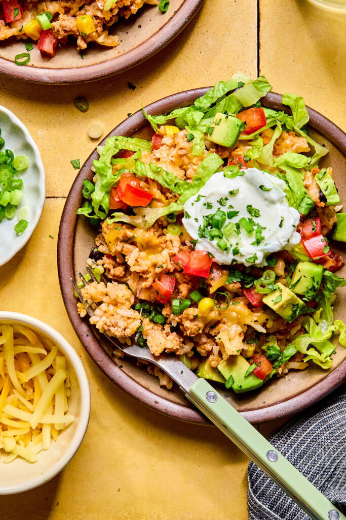 Cheesy Turkey Taco Rice Bake on a plate.
