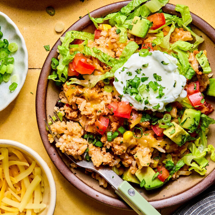 Cheesy Turkey Taco Rice Bake on a plate.