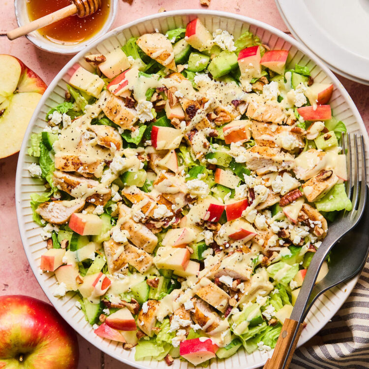 Honey Mustard Chicken Apple Salad Bowls with a fork.