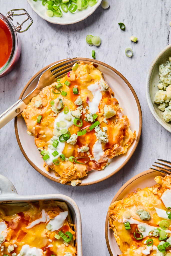 Buffalo Chicken Enchilada Bake on a small plate.