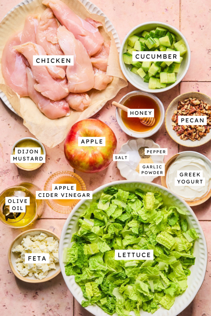 Ingredients for Honey Mustard Chicken Apple Salad Bowls.
