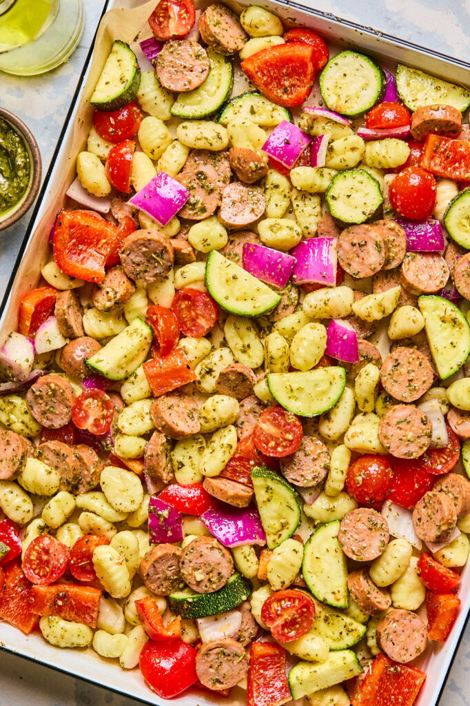 Sheet Pan Chicken Sausage & Veggie Gnocchi on a baking sheet.