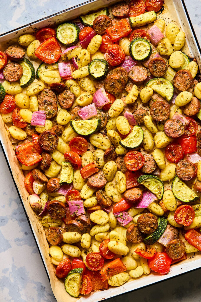 Sheet Pan Chicken Sausage & Veggie Gnocchi on a baking sheet.