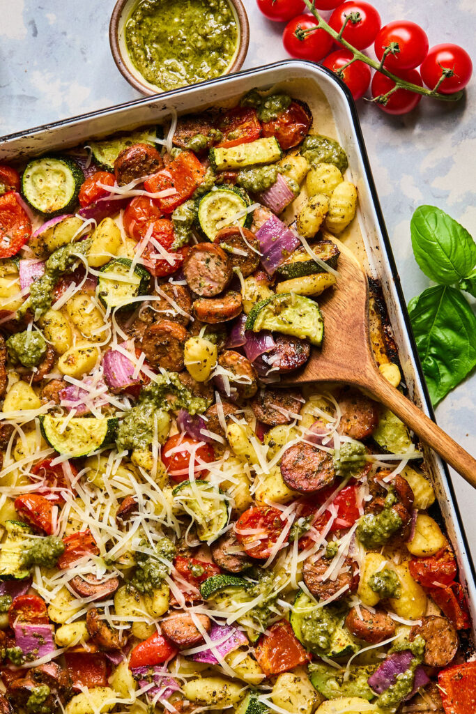 Sheet Pan Chicken Sausage & Veggie Gnocchi on a sheet pan.