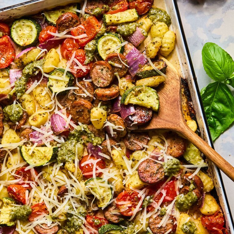 Sheet Pan Chicken Sausage & Veggie Gnocchi on a sheet pan.