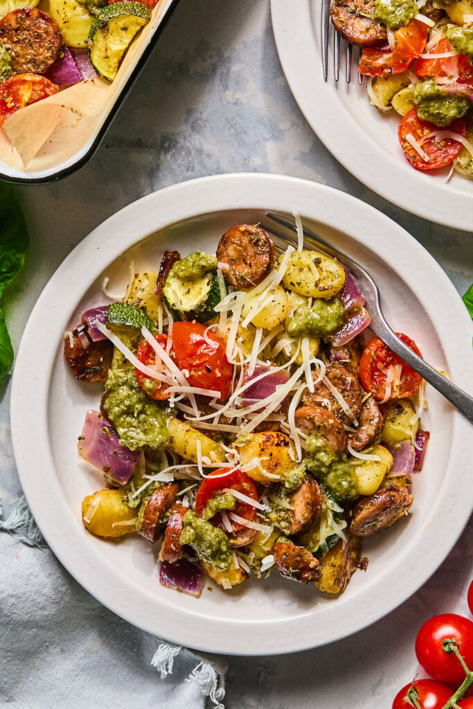 Sheet Pan Chicken Sausage & Veggie Gnocchi on a plate.