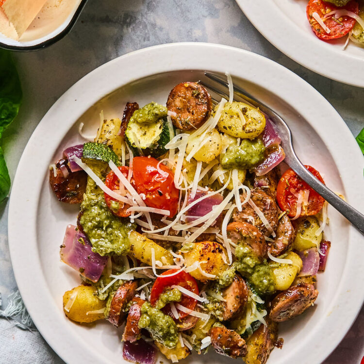 Sheet Pan Chicken Sausage & Veggie Gnocchi on a plate.