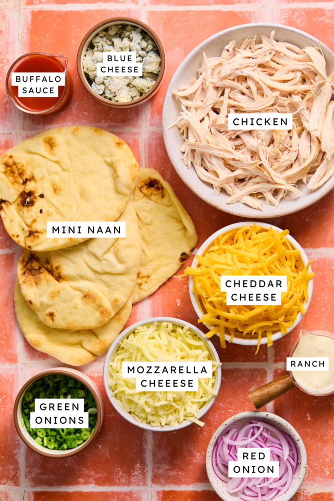 Ingredients for  Buffalo Chicken Flatbreads.