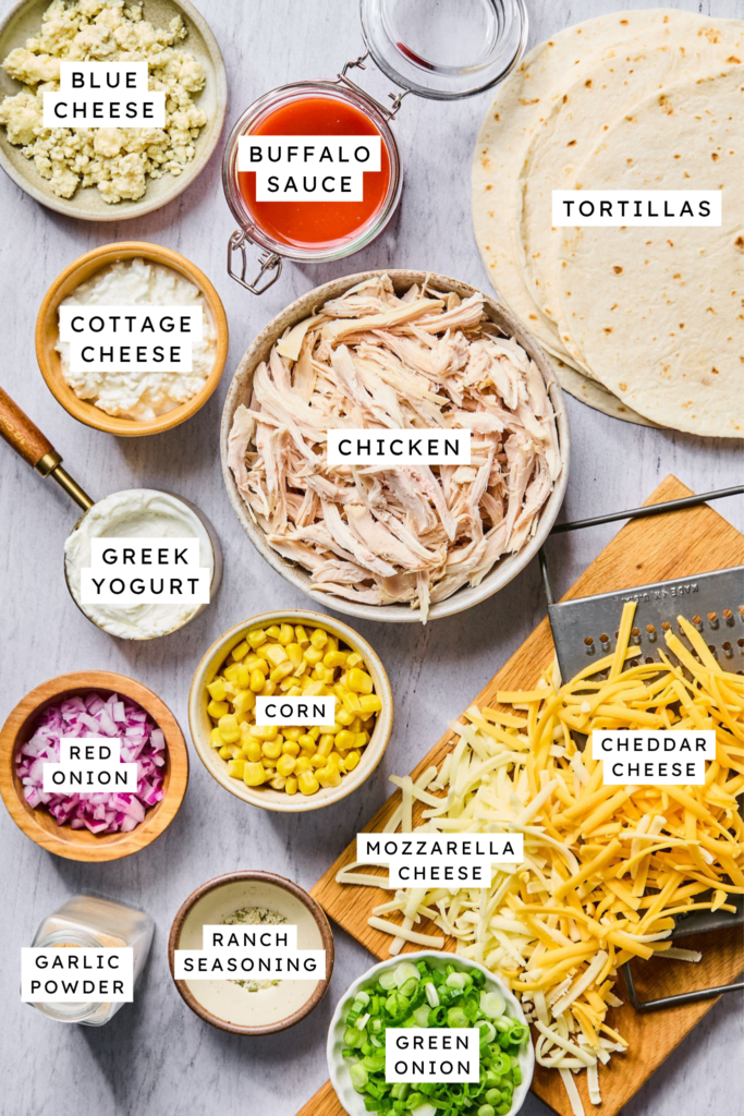 Ingredients for Buffalo Chicken Enchilada Bake.