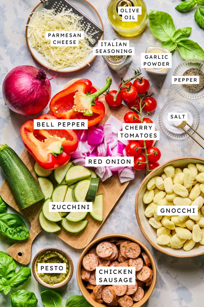 Ingredients for Sheet Pan Chicken Sausage & Veggie Gnocchi.