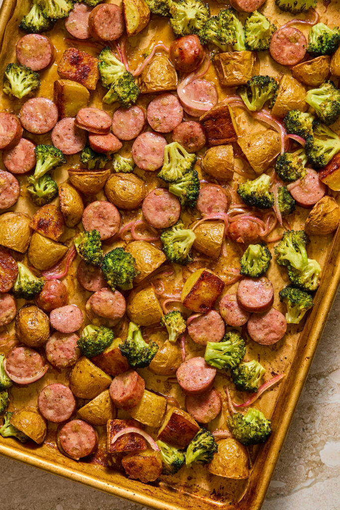 Honey Mustard Chicken Sausage and Potato Sheet Pan on a baking sheet.