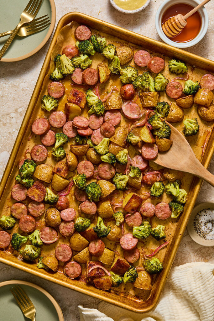 Honey Mustard Chicken Sausage and Potato Sheet Pan on a baking sheet.