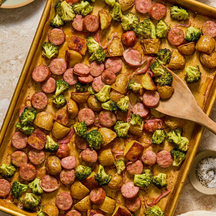 Honey Mustard Chicken Sausage and Potato Sheet Pan on a baking sheet.