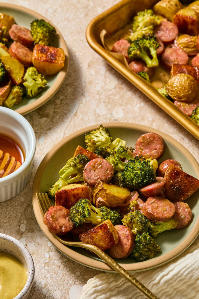 Honey Mustard Chicken Sausage and Potato Sheet Pan on a plate.