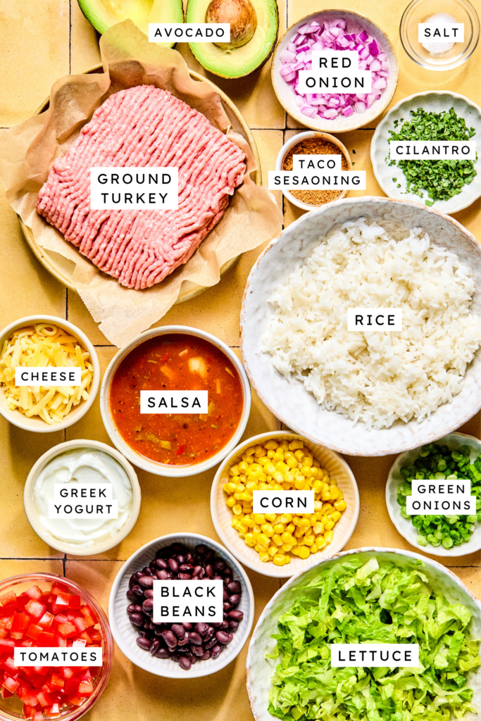 Ingredients for Cheesy Turkey Taco Rice Bake.