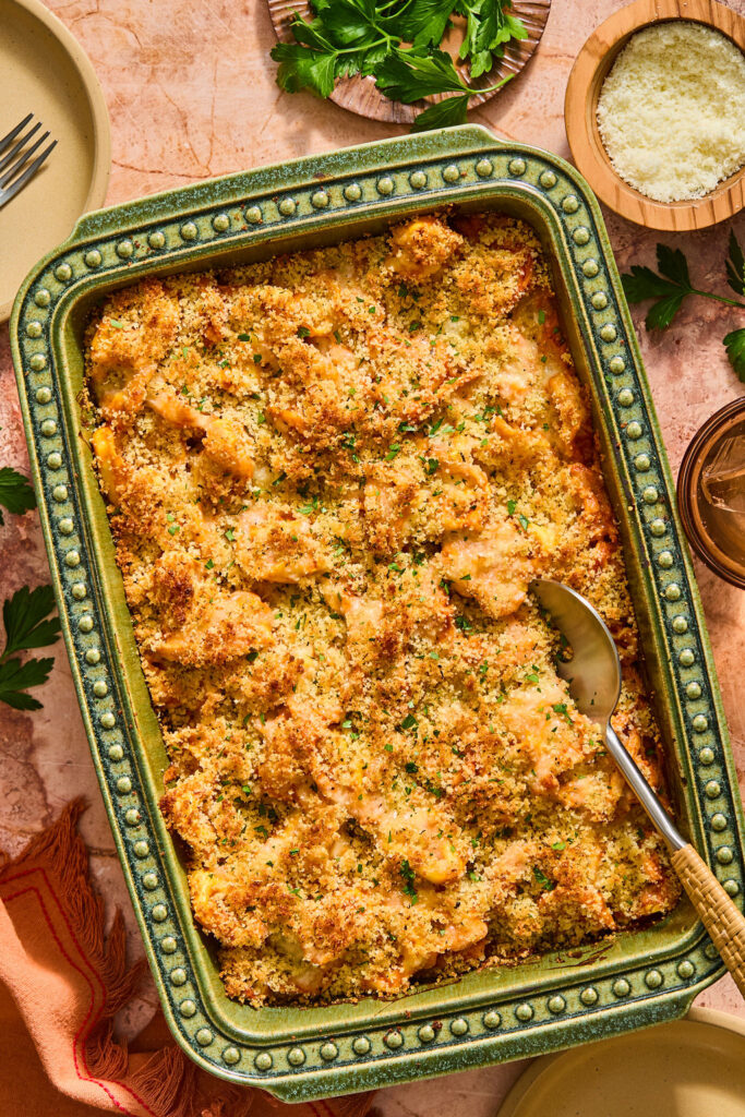 Chicken Parmesan Tortellini Bake  in a baking dish before being baked.