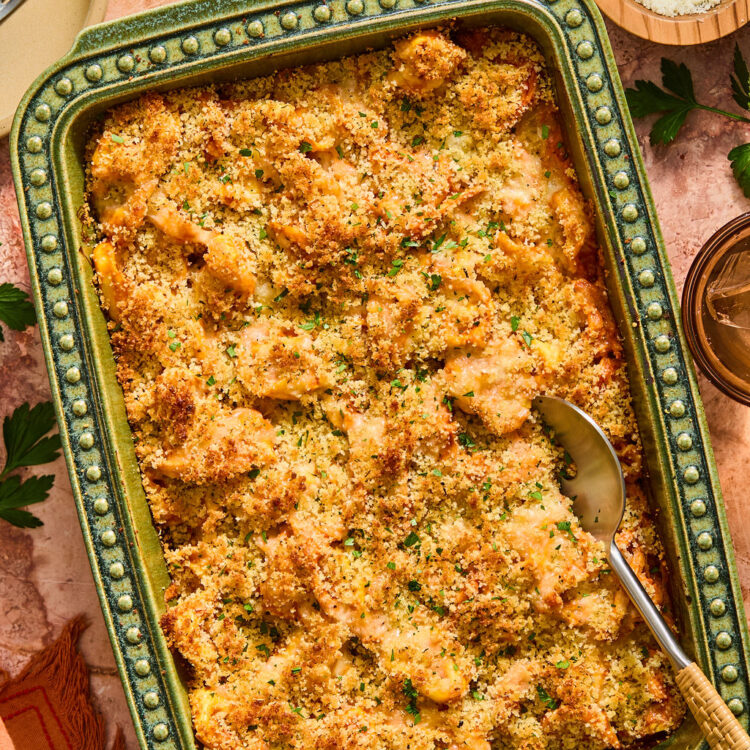 Chicken Parmesan Tortellini Bake in a baking dish before being baked.