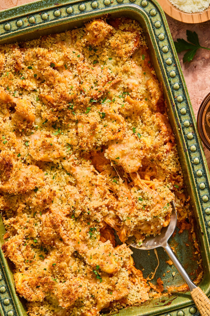 Chicken Parmesan Tortellini Bake in a baking dish.