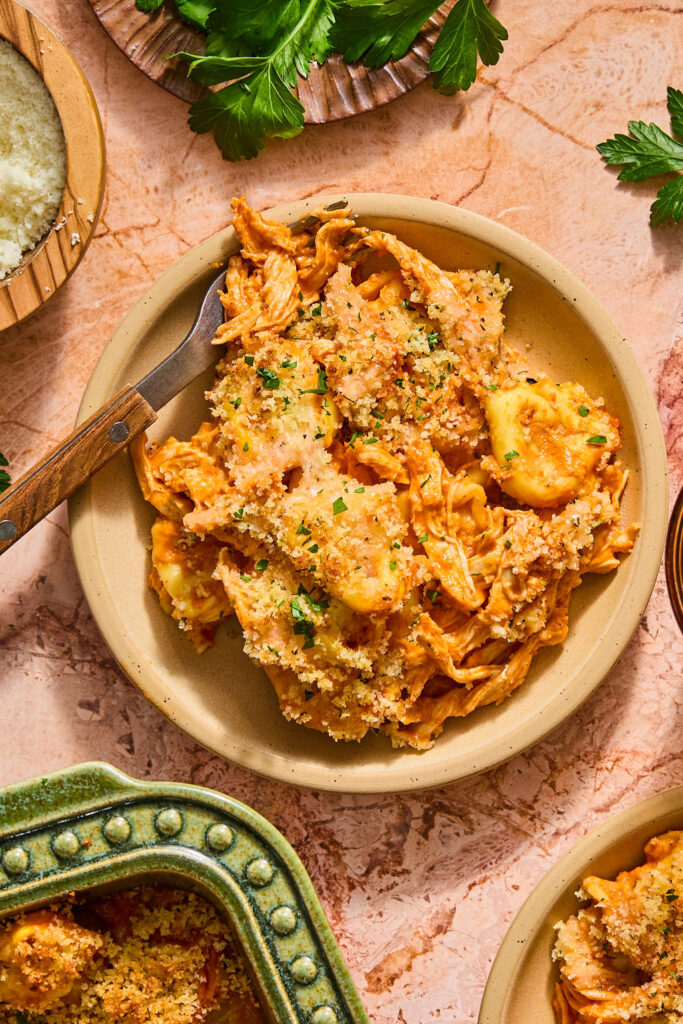 Chicken Parmesan Tortellini Bake on a plate.