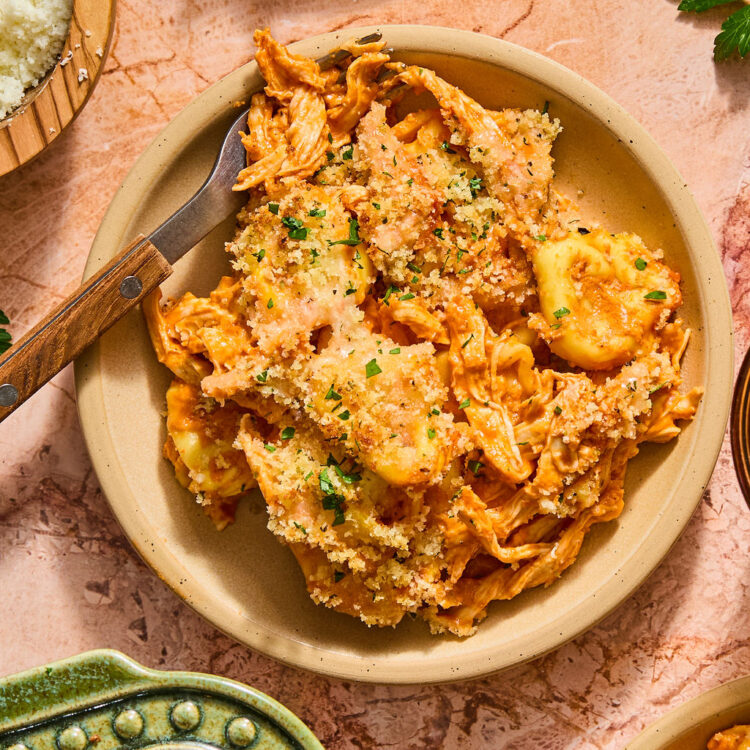 Chicken Parmesan Tortellini Bake on a plate.