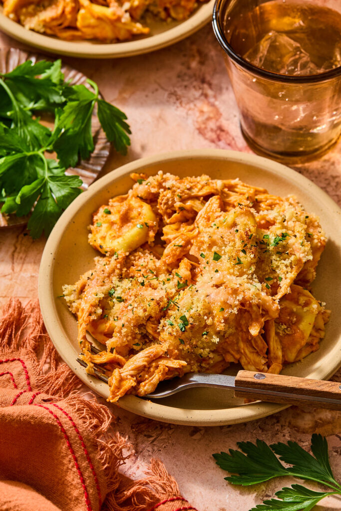 Chicken Parmesan Tortellini Bake  on a plate.