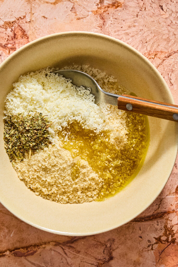 Ingredients for the topping for hicken Parmesan Tortellini Bake  in a small bowl.