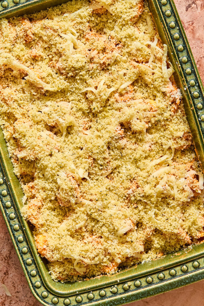 Chicken Parmesan Tortellini Bake  in a baking dish before being baked.