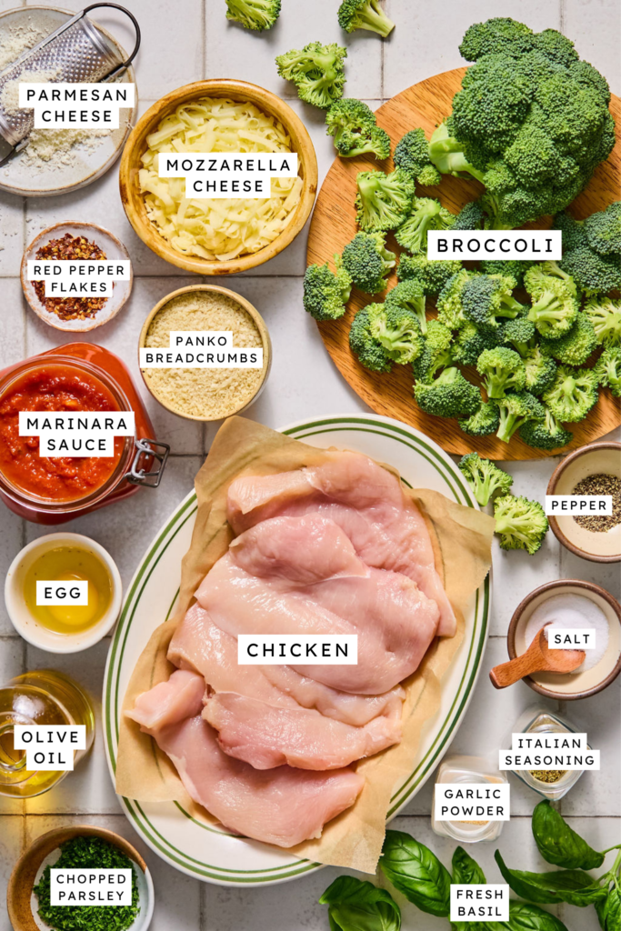 Ingredients for Sheet Pan Chicken Parmesan and Broccoli.