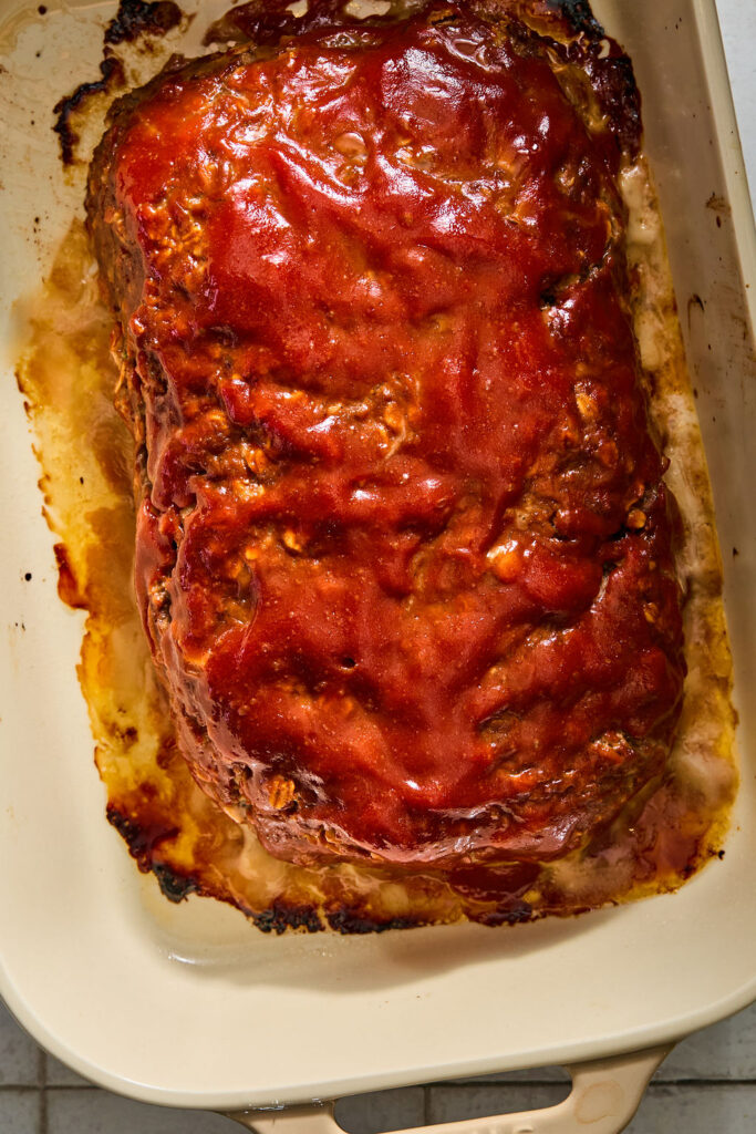 Meatloaf with Oats in a pan after being baked.
