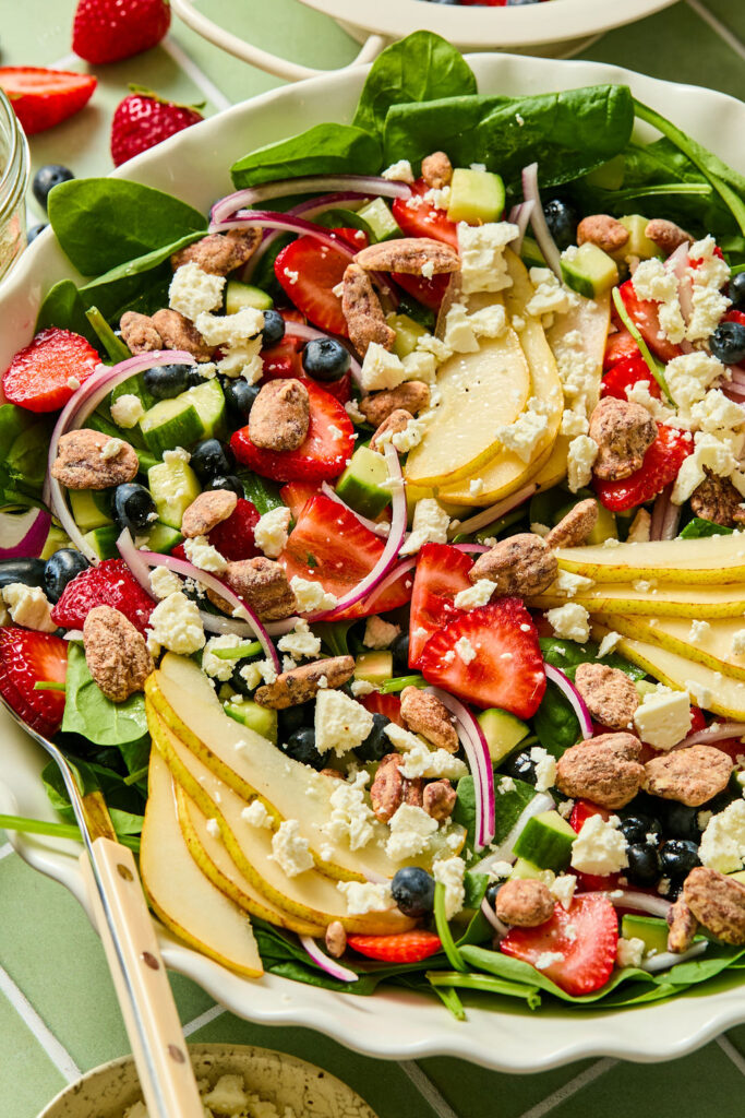 Zoomed in view of Rainbow Spinach Summer Salad.