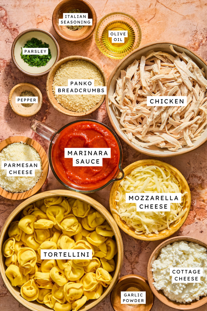 Ingredients for Chicken Parmesan Tortellini Bake.