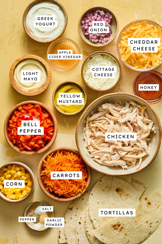 Ingredients for Honey Mustard Chicken Enchilada Casserole.