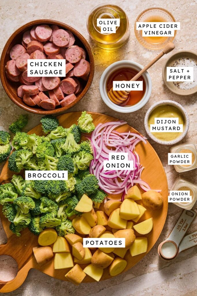 Ingredients for Honey Mustard Chicken Sausage and Potato Sheet Pan.