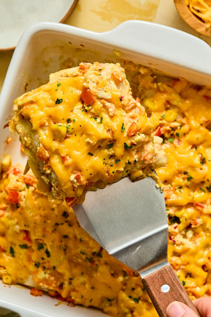 Honey Mustard Chicken Enchilada Casserole in a baking dish.