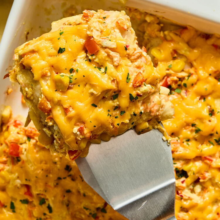 Honey Mustard Chicken Enchilada Casserole in a baking dish.